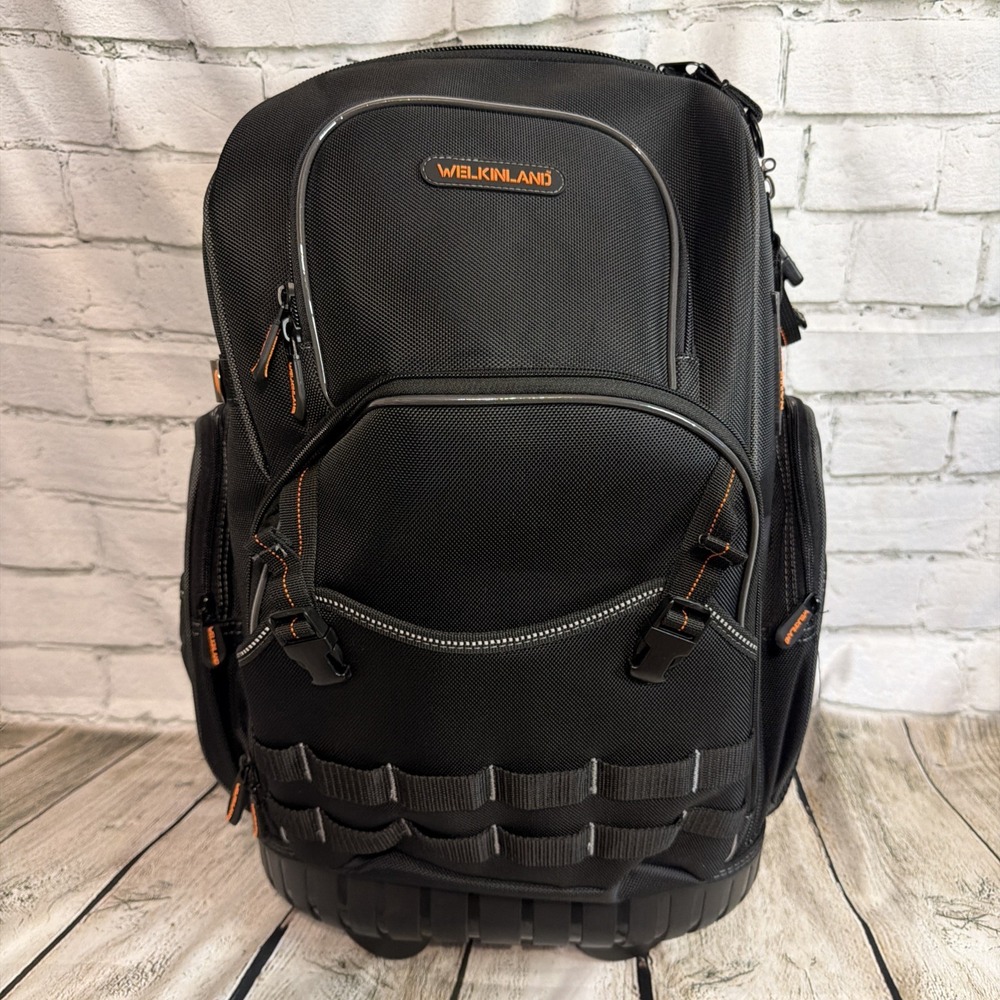 WELKINLAND 72Pockets Rolling Tool backpack, Large tool Large, Black w/ Orange